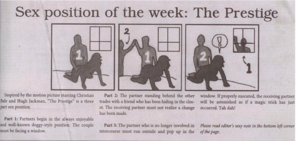 This "Position of the Week" cartoon ran in the Purdue Exponent a couple of years ago and stirred controversy on campus.