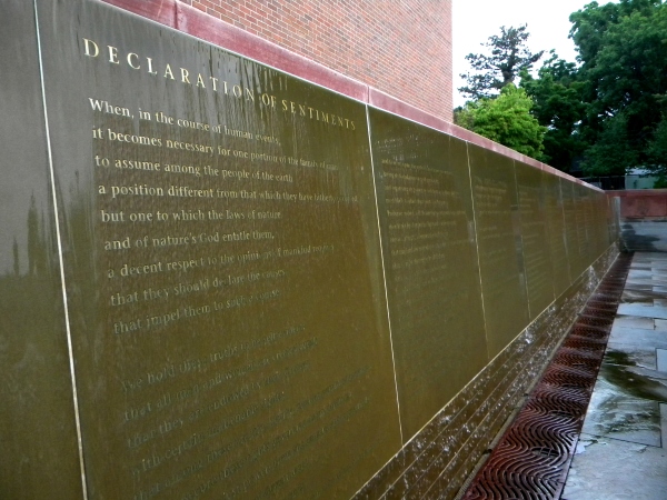 A fountain-wall situated between the Women's Rights NAtional Park Visitor's Center and the historic Wesleyan Methodist Church features the entirety of the Declaration of Sentiments, the document read aloud at the convention, which was based on the American Declaration of Independence. 